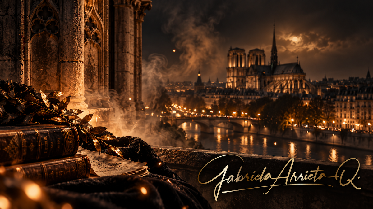 Vista nocturna de París con la catedral de Notre-Dame, libros antiguos, humo y brasas doradas, imagen de la reflexión «Las hogueras de Francia» de Gabriela Arrieta.
