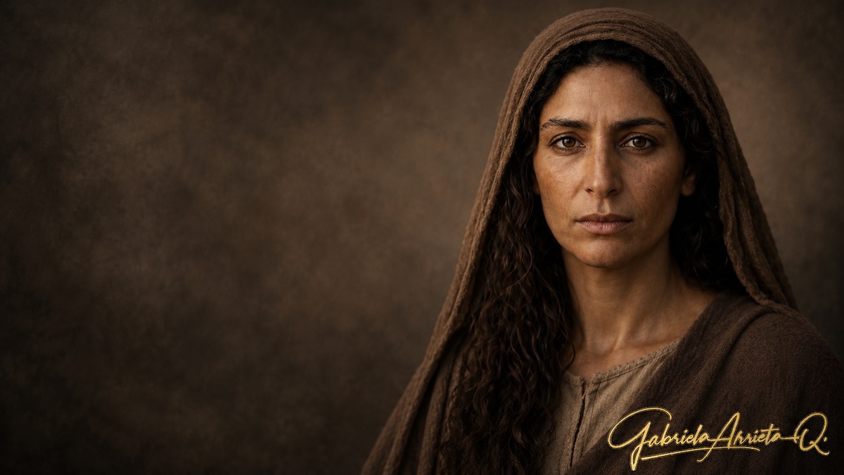 Representación de María Magdalena con túnica y manto marrón, mirando al frente, para la reflexión Magdala de Gabriela Arrieta.