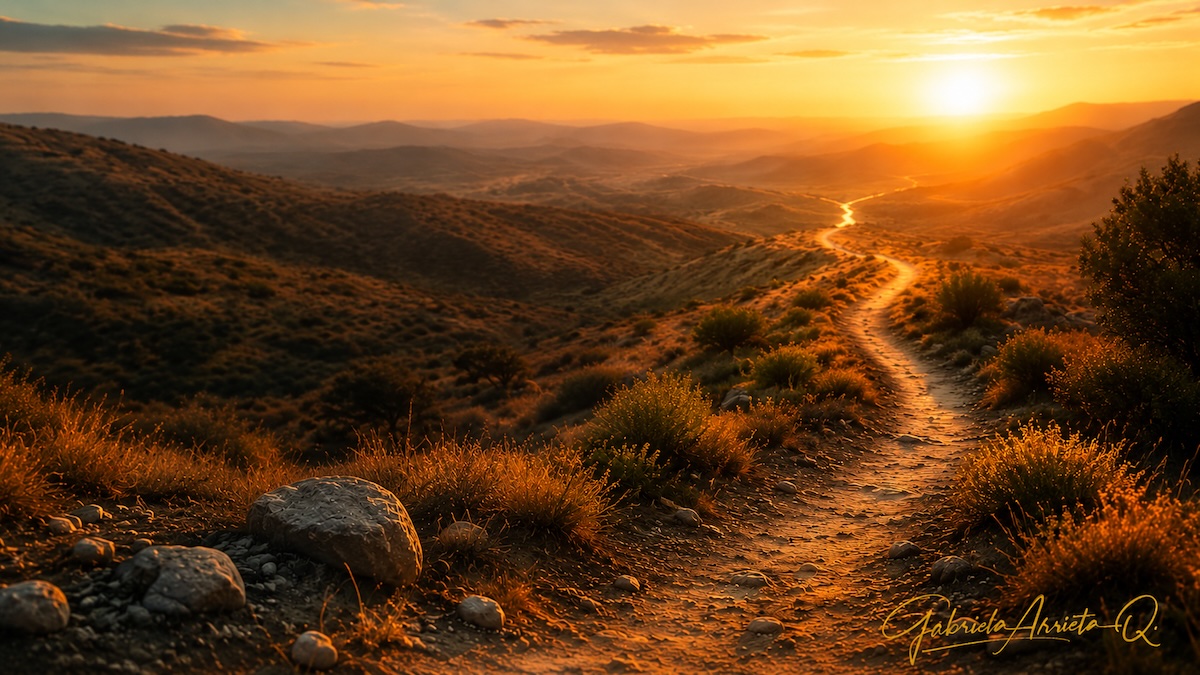 Camino de tierra entre montañas iluminado por un atardecer dorado, en la reflexión Las paradas de Gabriela Arrieta.