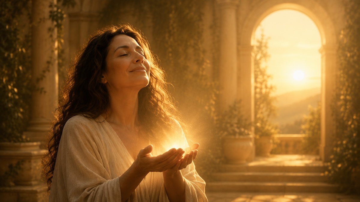 Mujer en actitud de paz y gratitud recibe una luz dorada entre sus manos en un ambiente cálido y esperanzador.